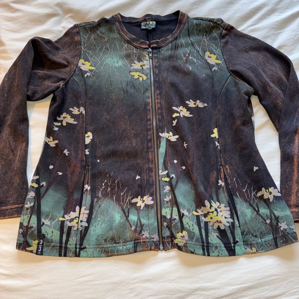 Citron Floral Brown Earth Tones Zip-Up NWOT